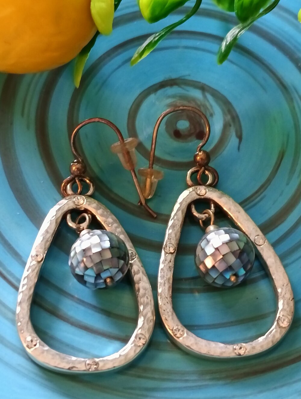 Silver Teardrop Hoop Blue Mosaic Ball Earrings  (2" x 1")